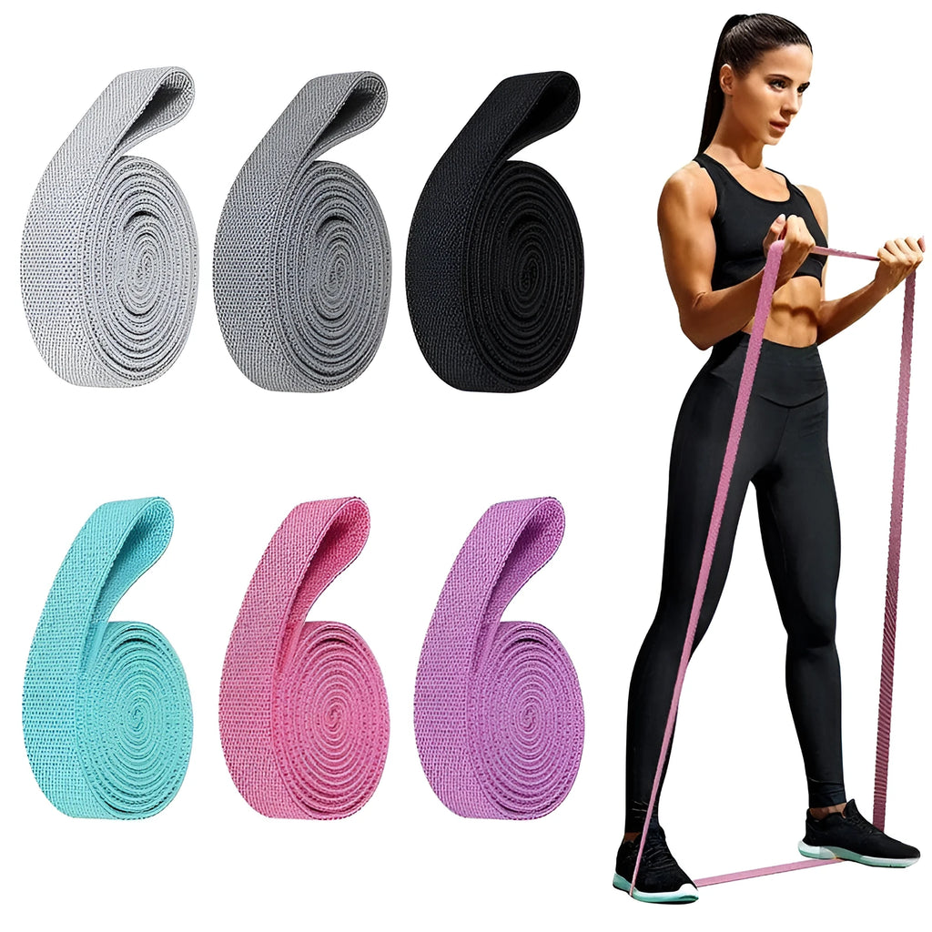 2-metre long elastic yoga stretch band in pink, purple, and black with storage mesh bag