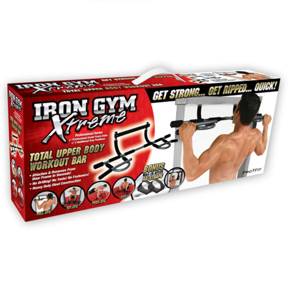 Black steel doorway pull-up bar mounted in a frame for indoor fitness training.