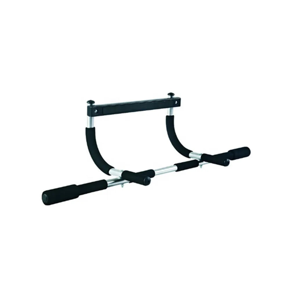 Black steel doorway pull-up bar mounted in a frame for indoor fitness training.