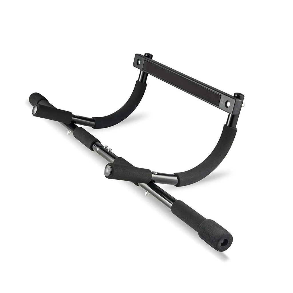 Black steel doorway pull-up bar mounted in a frame for indoor fitness training.