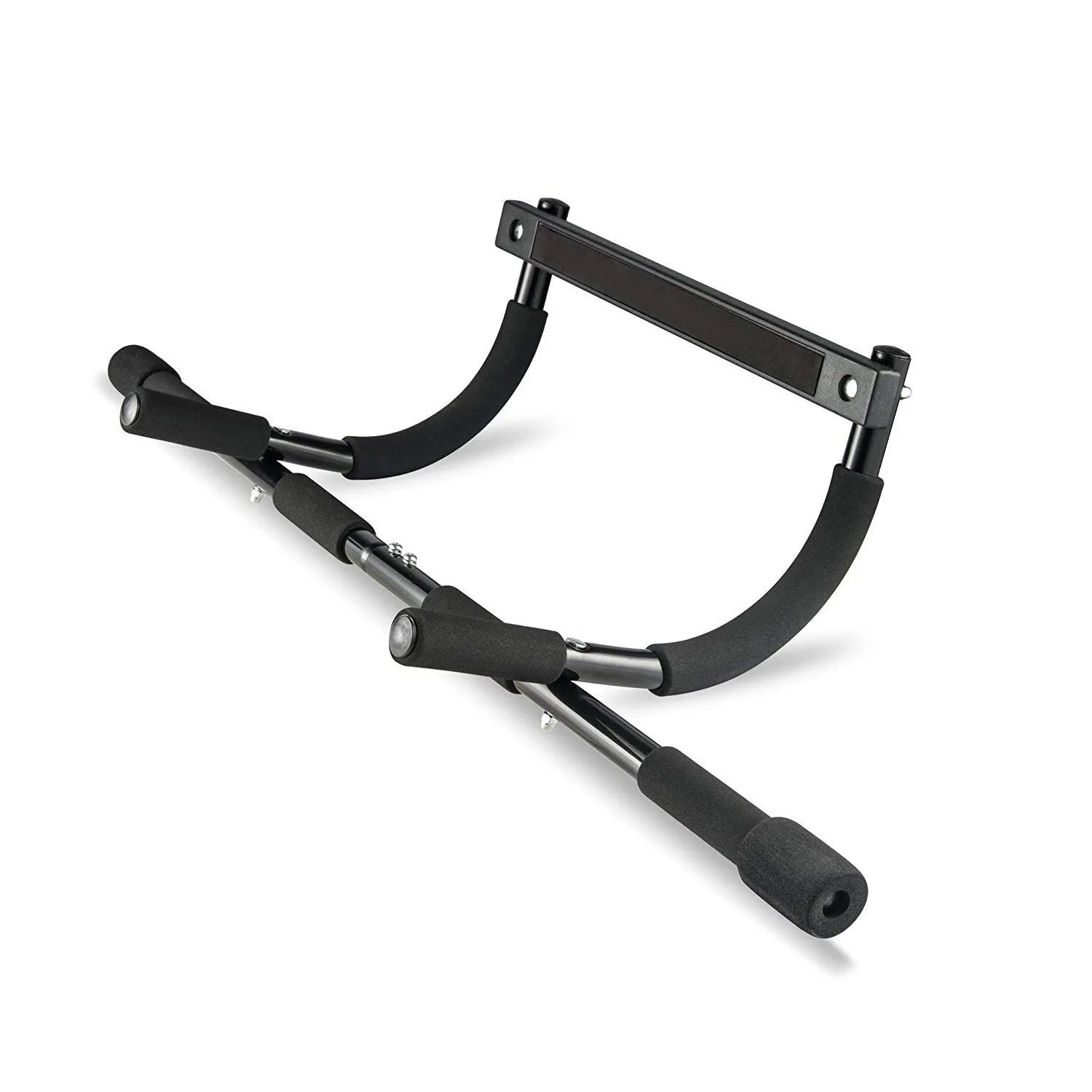 Black steel doorway pull-up bar mounted in a frame for indoor fitness training.