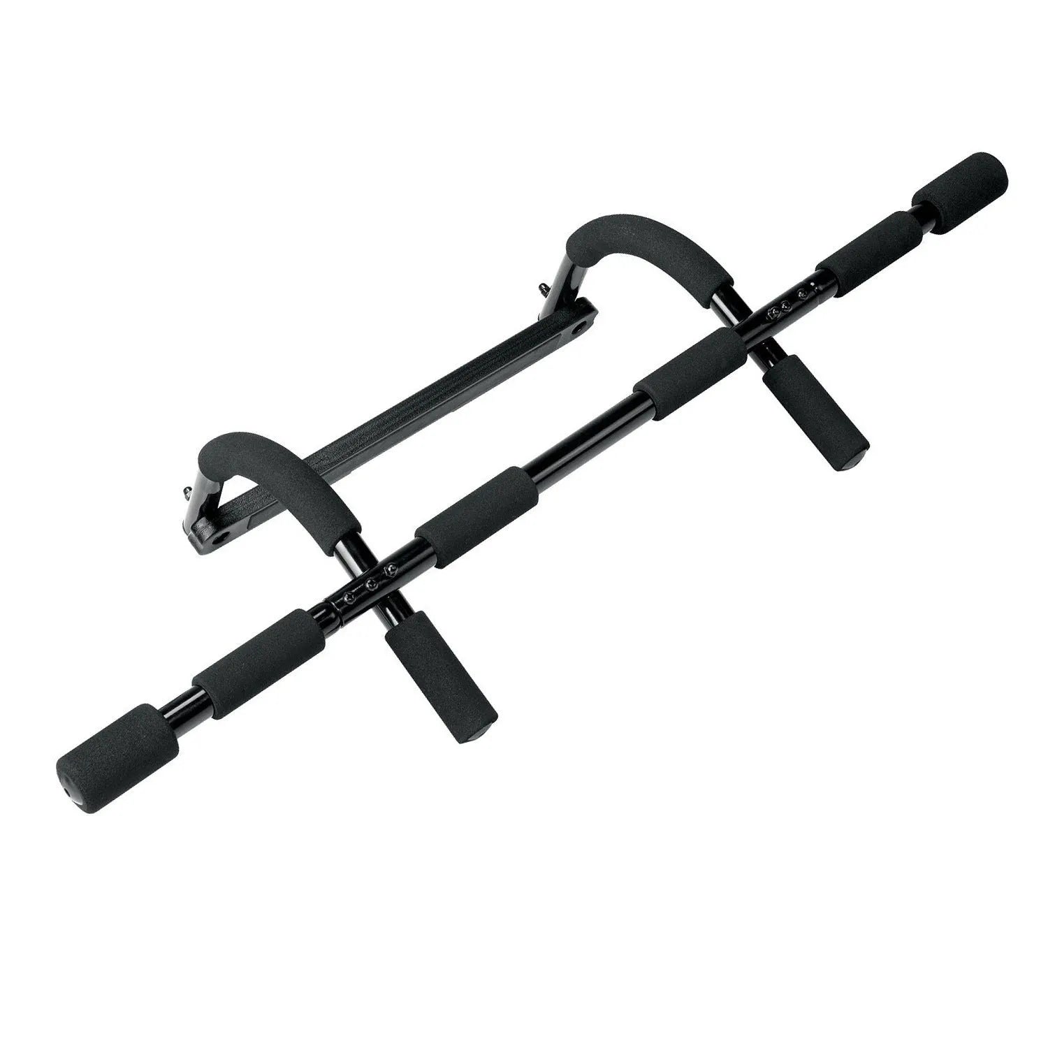 Black steel doorway pull-up bar mounted in a frame for indoor fitness training.