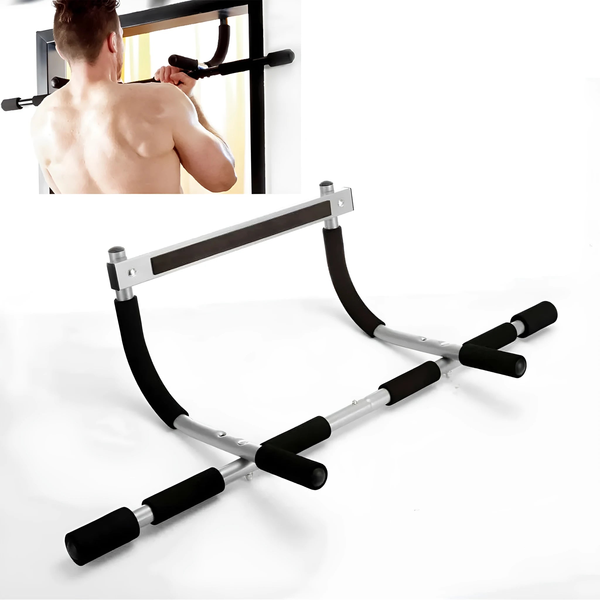 Black steel doorway pull-up bar mounted in a frame for indoor fitness training.
