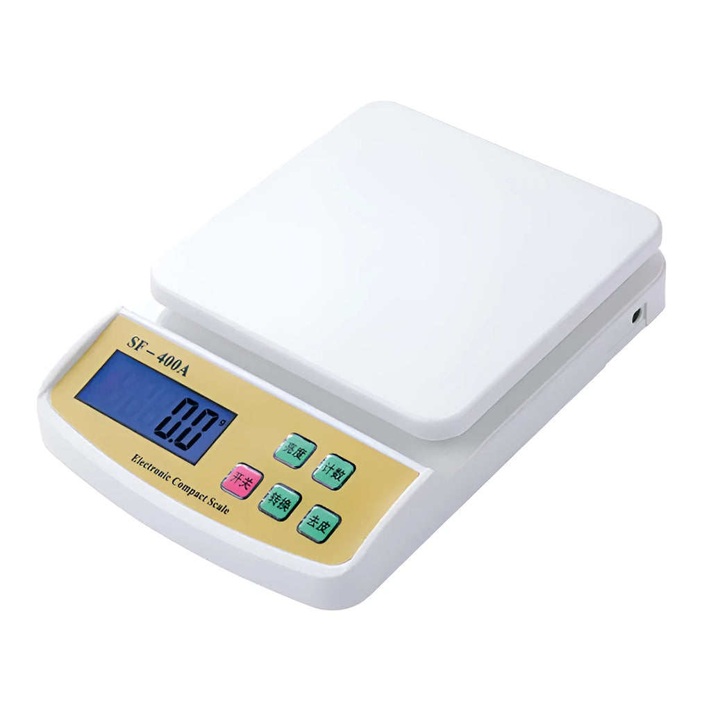 SF-400A digital kitchen scale with display, showing weight measurement on a clean surface.
