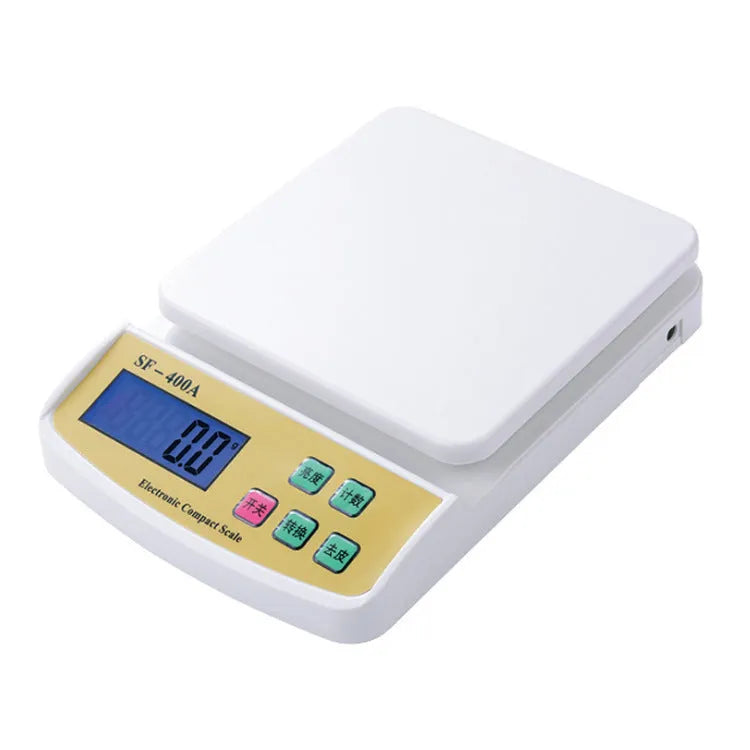 SF-400A digital kitchen scale with display, showing weight measurement on a clean surface.