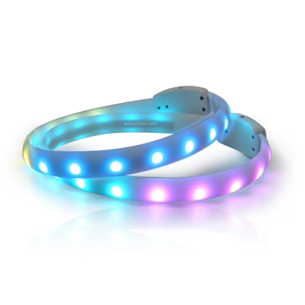 White USB rechargeable flash dog collar with RGB light, silicone construction, size L 2.5x65cm