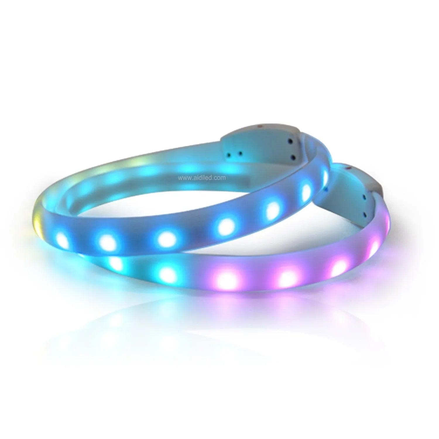 White USB rechargeable flash dog collar with RGB light, silicone construction, size L 2.5x65cm