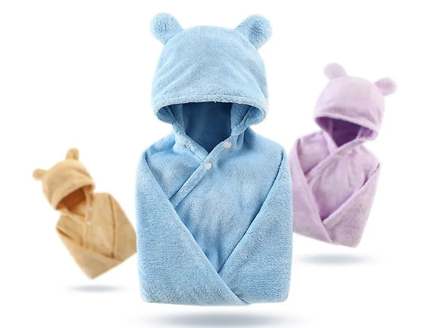 Cotton baby care hooded bath towel Tado muslin 65x110cm in blue, high water absorption multifunction blanket
