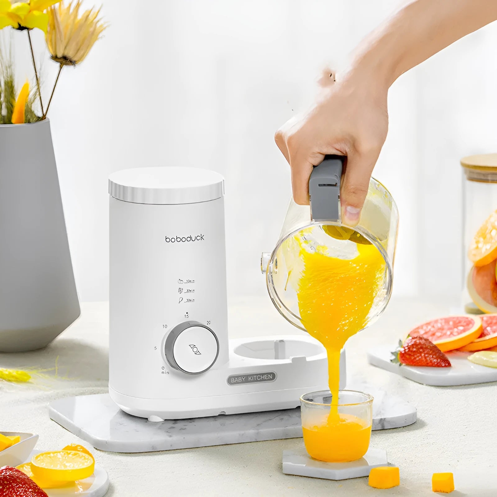 Millet white stainless steel baby food processor blender on countertop