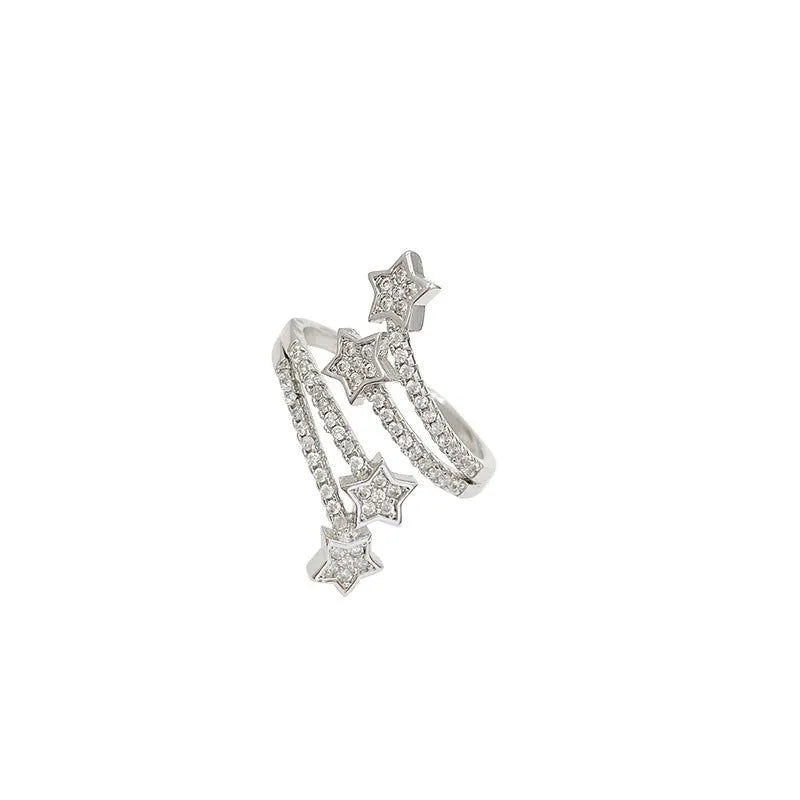 Multi-layer micro-inlaid five-pointed star zircon ring in silver, adjustable copper band with gold-plated gems
