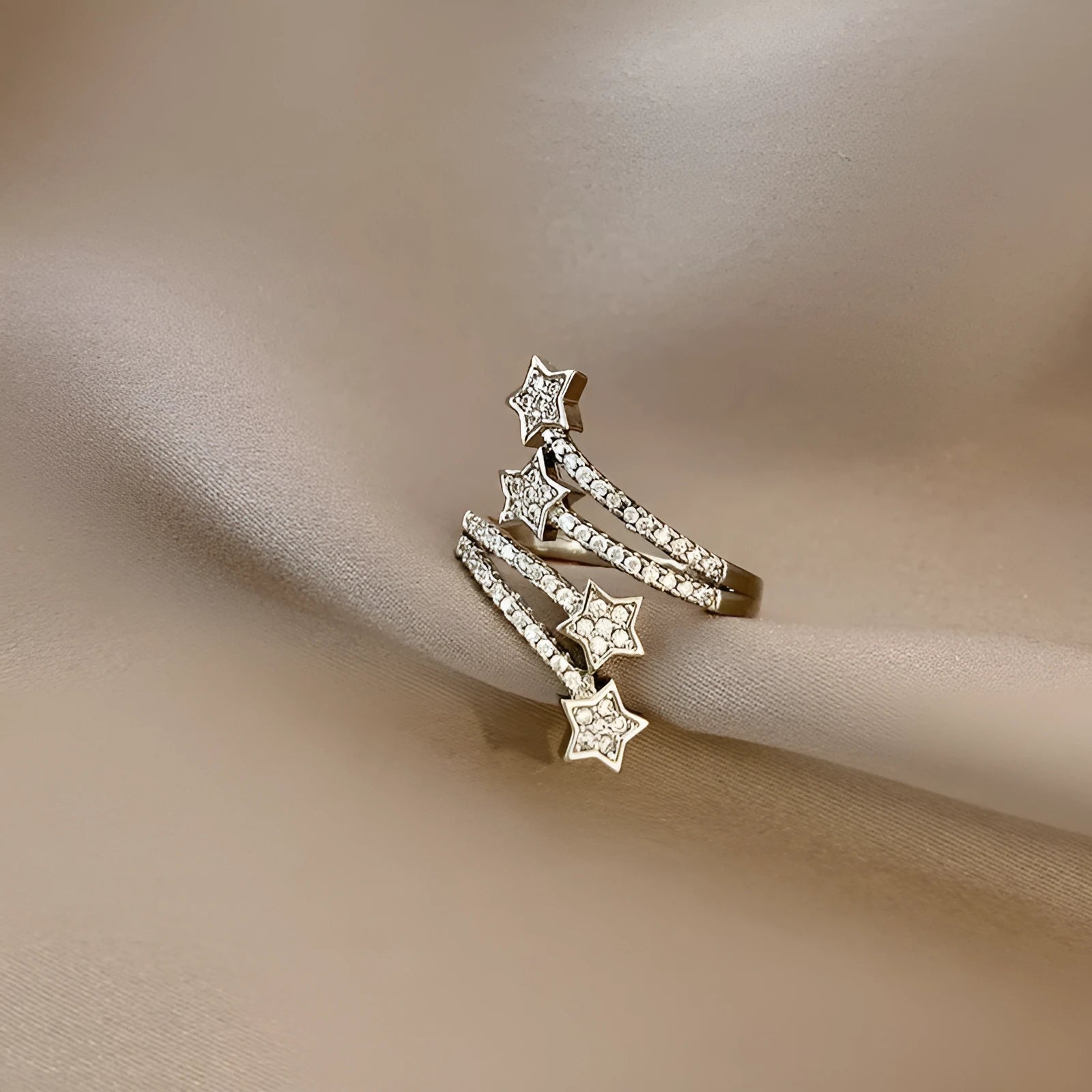 Multi-layer micro-inlaid five-pointed star zircon ring in silver, adjustable copper band with gold-plated gems