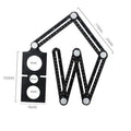 Aluminium alloy and plastic six-fold perforated folding ruler in a folded and extended state.