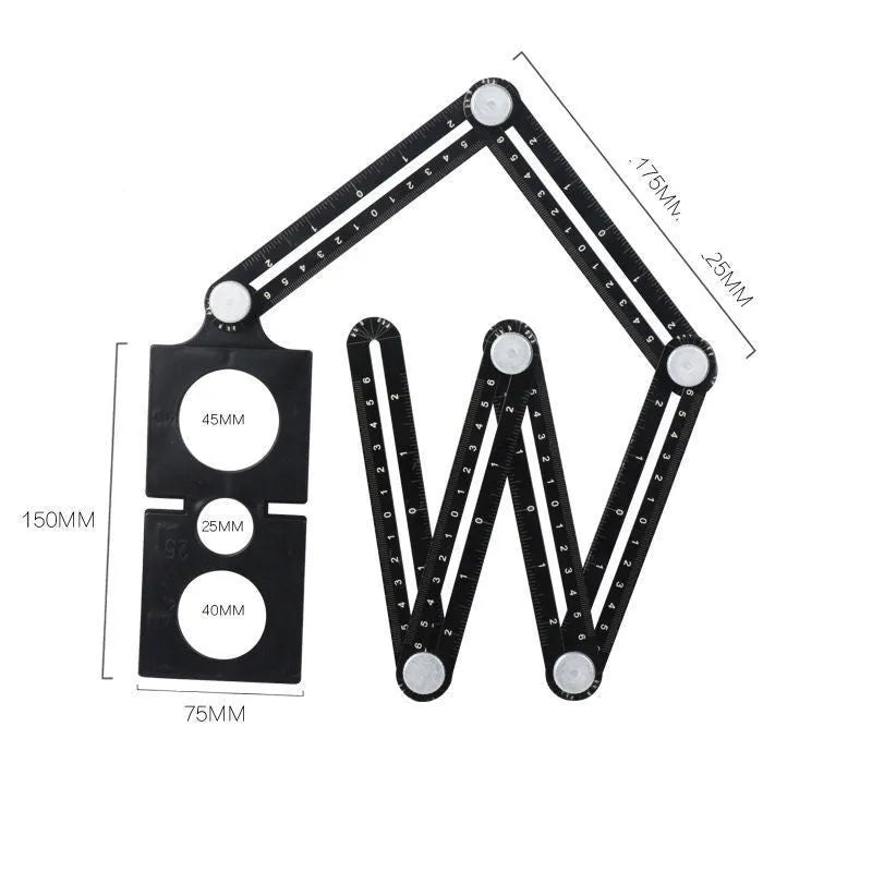 Aluminium alloy and plastic six-fold perforated folding ruler in a folded and extended state.