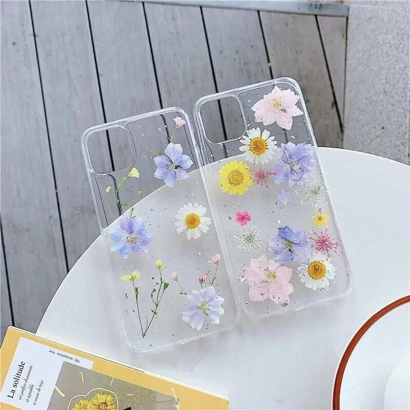 Fashion glitter real dry pressed flower phone case in transparent silicone with daisy flowers and epoxy finish