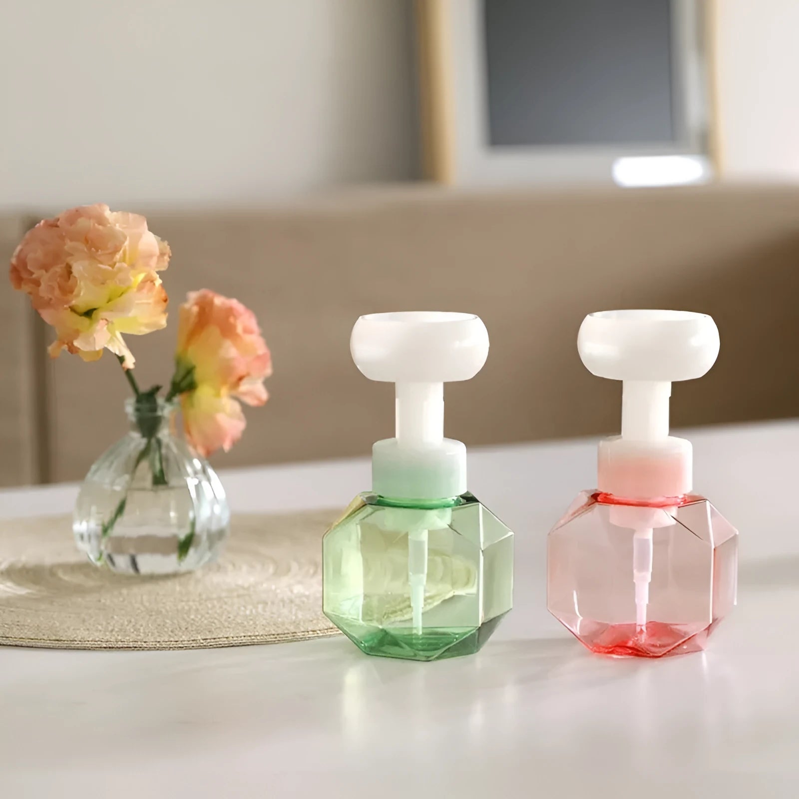 Empty plastic flower foam bottle in pink, green, blue, and yellow colour options.