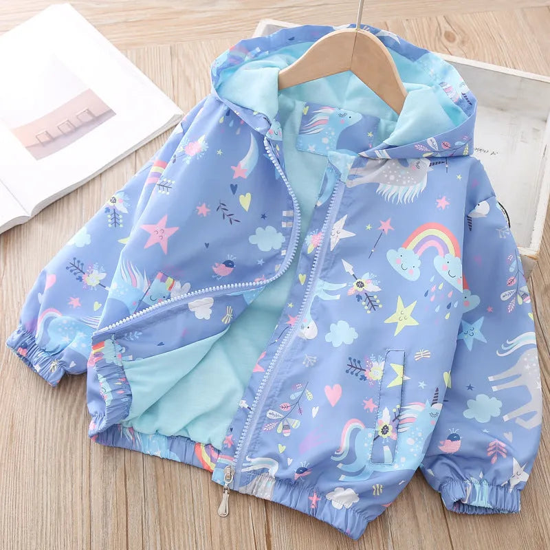 Children Jackets with Graffiti Print for Spring and Summer Soft Enzyme Wash European and American Style Available in Blue and Pink Sizes 90cm to 140cm