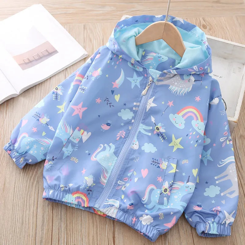 Children Jackets with Graffiti Print for Spring and Summer Soft Enzyme Wash European and American Style Available in Blue and Pink Sizes 90cm to 140cm