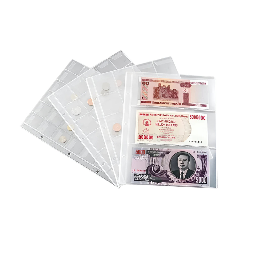 Transparent loose-leaf PVC stamp and coin collection album open showing clear storage pages