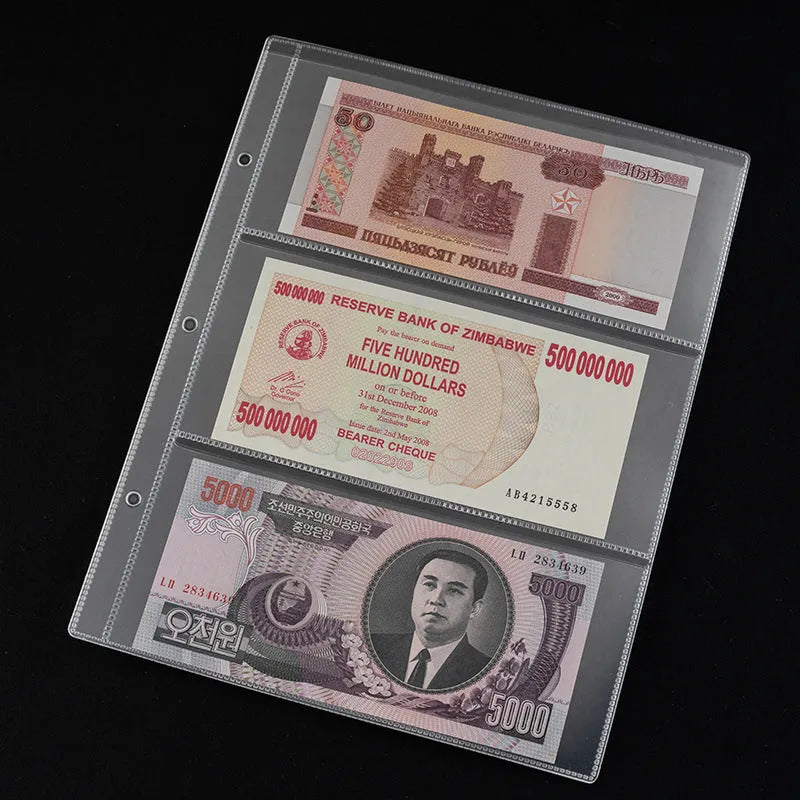 Transparent loose-leaf PVC stamp and coin collection album open showing clear storage pages