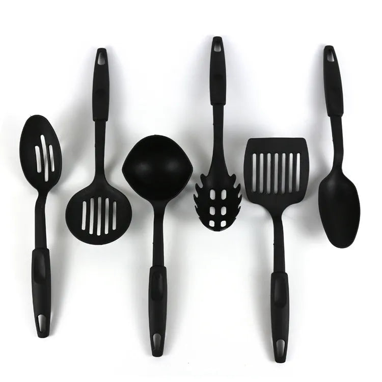 Black rubber kitchen shovel and spoon utensil set for non-stick pans