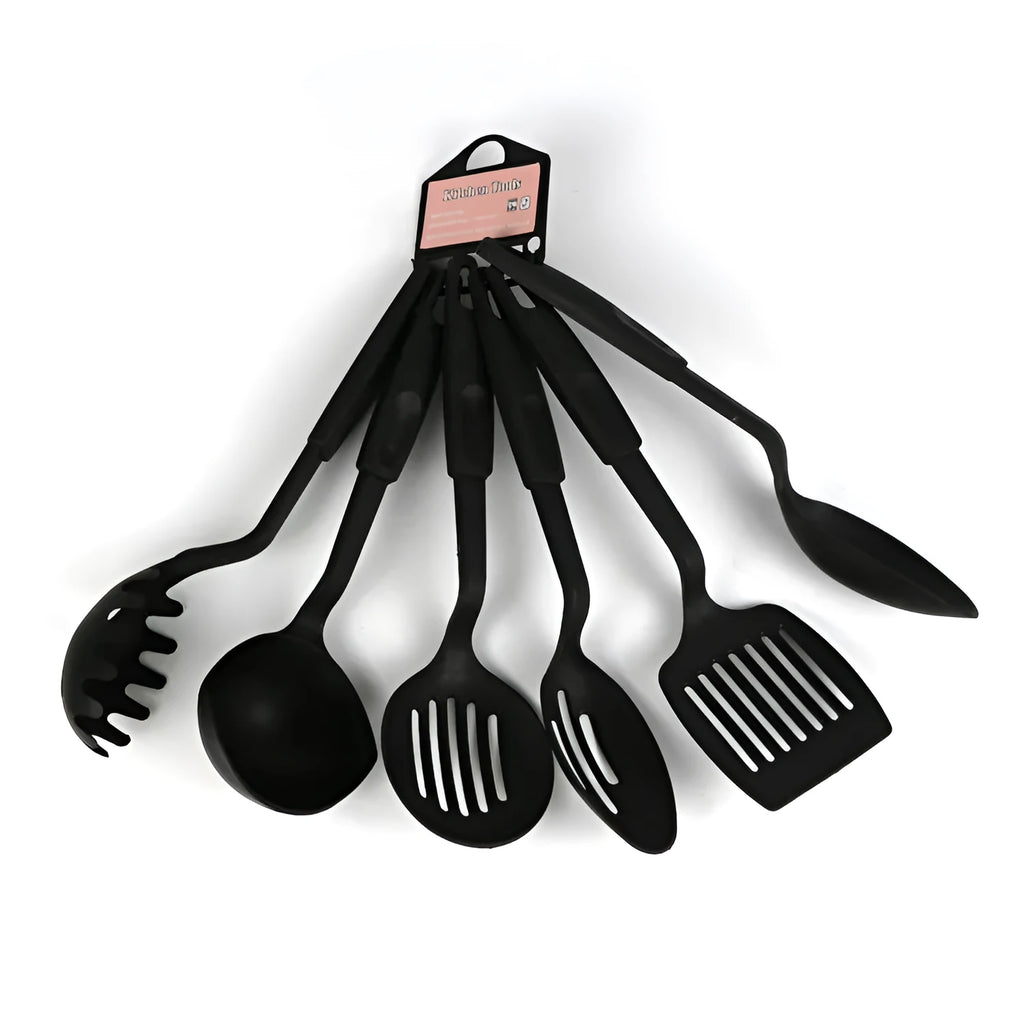 Black rubber kitchen shovel and spoon utensil set for non-stick pans
