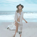 White crochet cotton beach pareo dress, long tunic cover-up, one size, 135cm length, 24cm sleeves