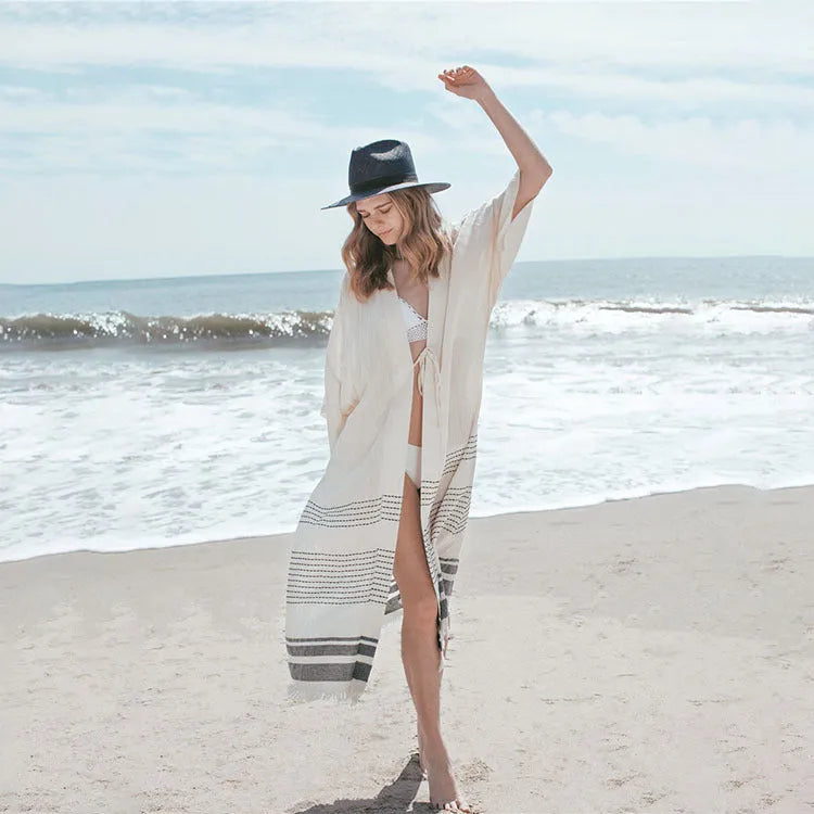 White crochet cotton beach pareo dress, long tunic cover-up, one size, 135cm length, 24cm sleeves