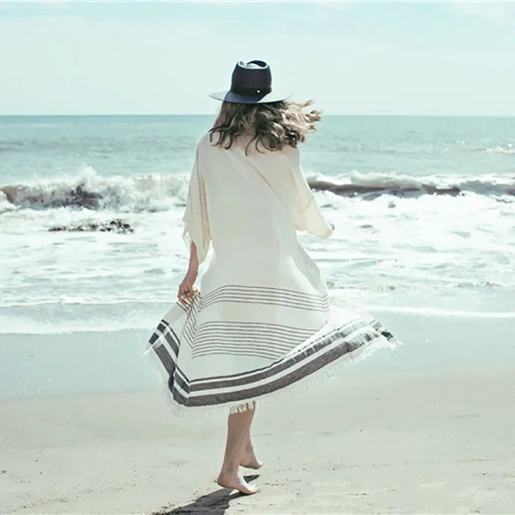 White crochet cotton beach pareo dress, long tunic cover-up, one size, 135cm length, 24cm sleeves
