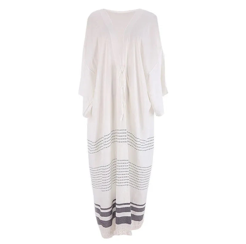 White crochet cotton beach pareo dress, long tunic cover-up, one size, 135cm length, 24cm sleeves