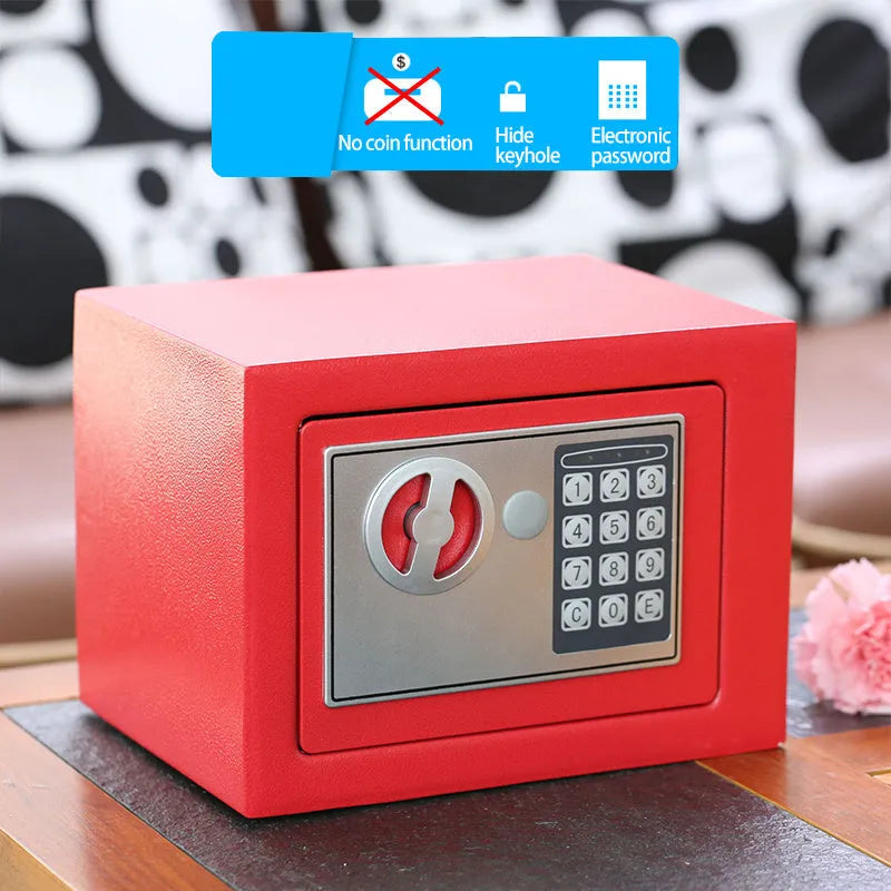 Mini office safe with password lock in white finish, compact size for desk or shelf placement