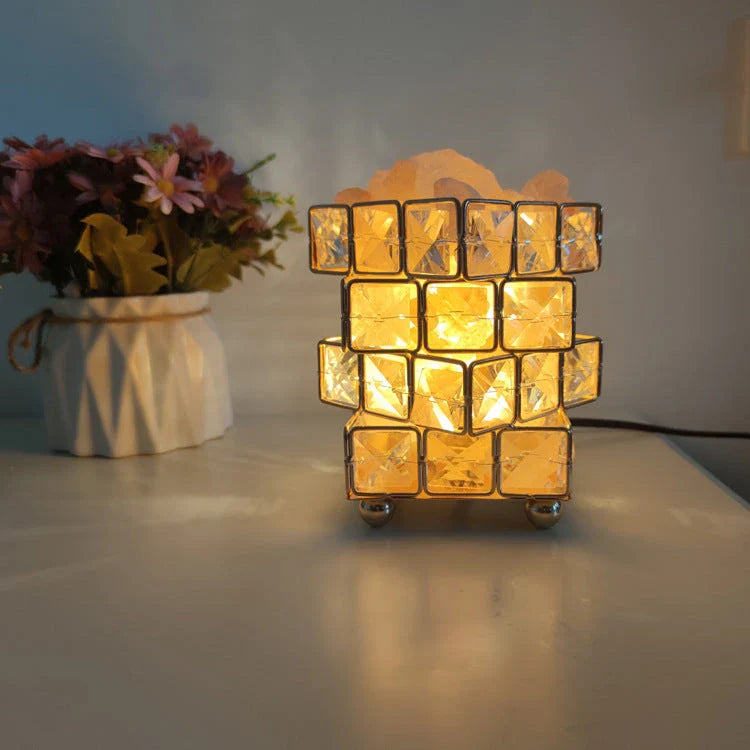 Elegant crystal salt lamp with warm, soothing glow for cozy bedroom decor and natural air purification