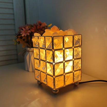 Elegant crystal salt lamp with warm, soothing glow for cozy bedroom decor and natural air purification