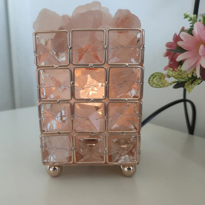 Elegant crystal salt lamp with warm, soothing glow for cozy bedroom decor and natural air purification