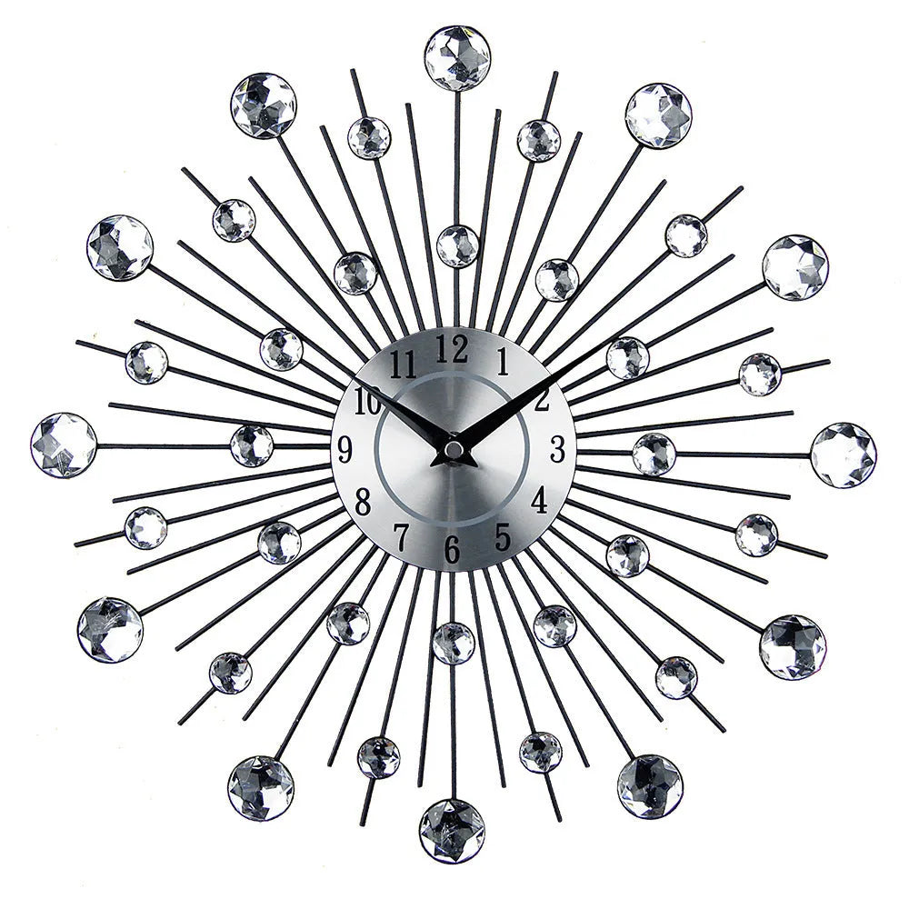 Silver round wall clock with metal case and aluminium dial showing 33cm diameter