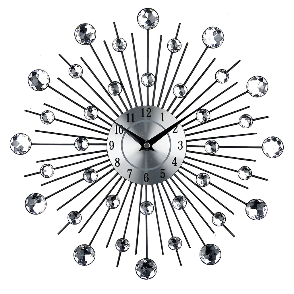 Silver round wall clock with metal case and aluminium dial showing 33cm diameter