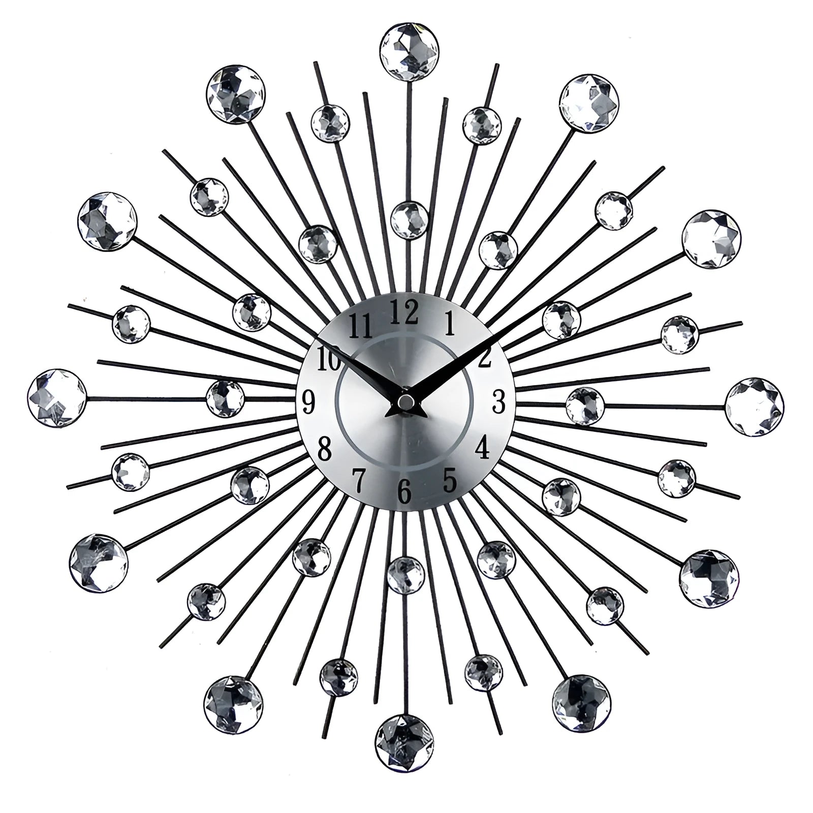 Silver round wall clock with metal case and aluminium dial showing 33cm diameter