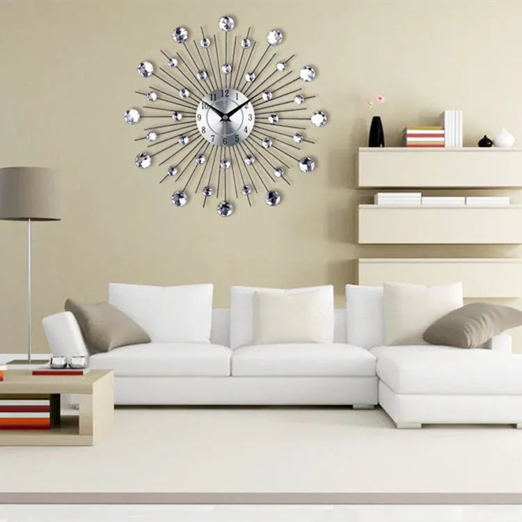 Silver round wall clock with metal case and aluminium dial showing 33cm diameter