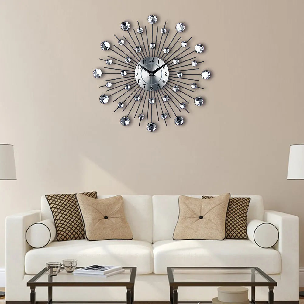 Silver round wall clock with metal case and aluminium dial showing 33cm diameter