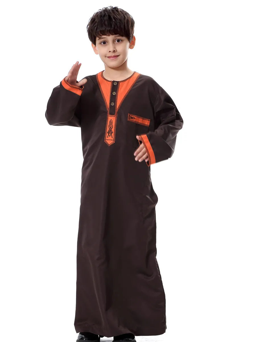 Chemical fibre blended polyester boy robe with embroidery in round neck design