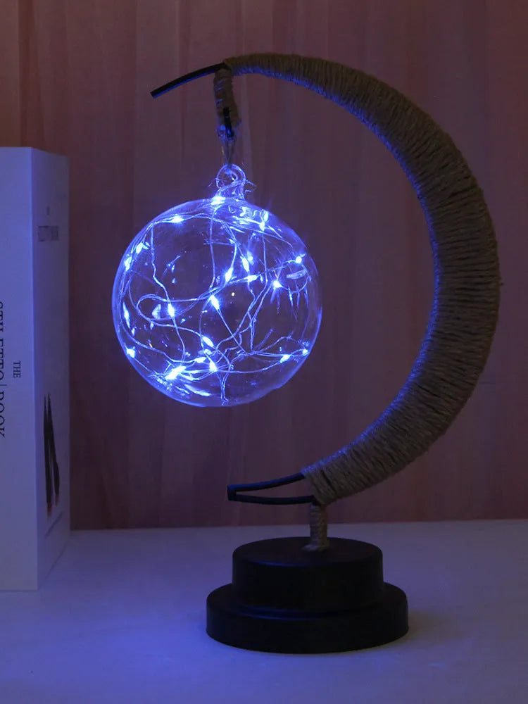 LED moon star copper wire lamp with glass pendant, 20 LED 2m string, USB or battery, 28x14x13cm