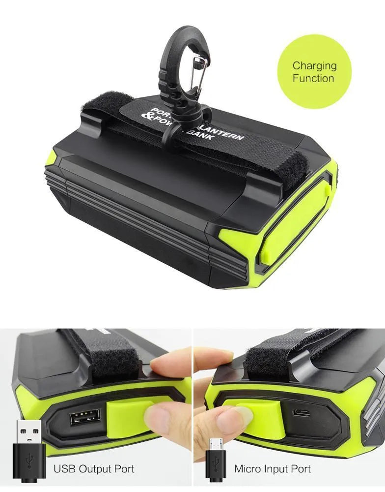 Green rechargeable camping lantern with aluminium alloy housing and LED lighting