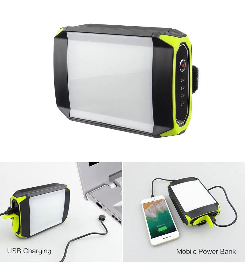 Green rechargeable camping lantern with aluminium alloy housing and LED lighting