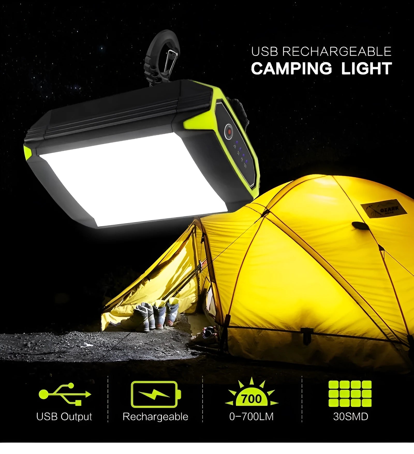 Green rechargeable camping lantern with aluminium alloy housing and LED lighting