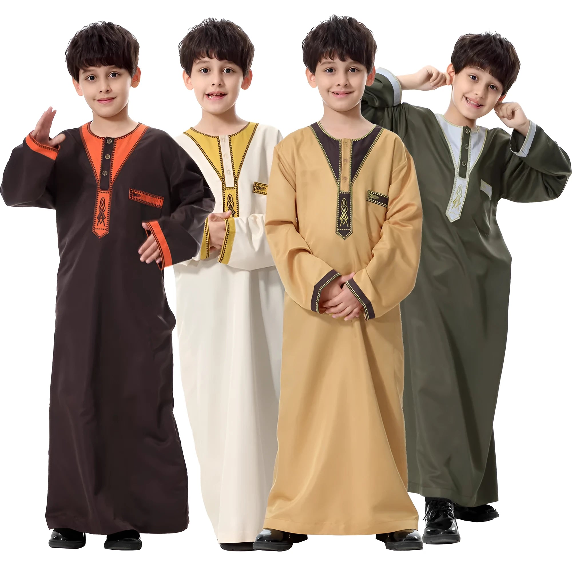 Chemical fibre blended polyester boy robe with embroidery in round neck design
