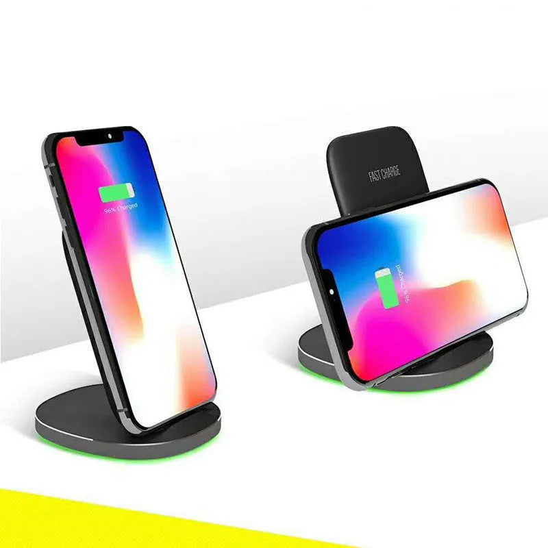 Vertical wireless charger desktop dock in white colour showing phone charging in upright position
