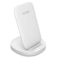 Vertical wireless charger desktop dock in white colour showing phone charging in upright position