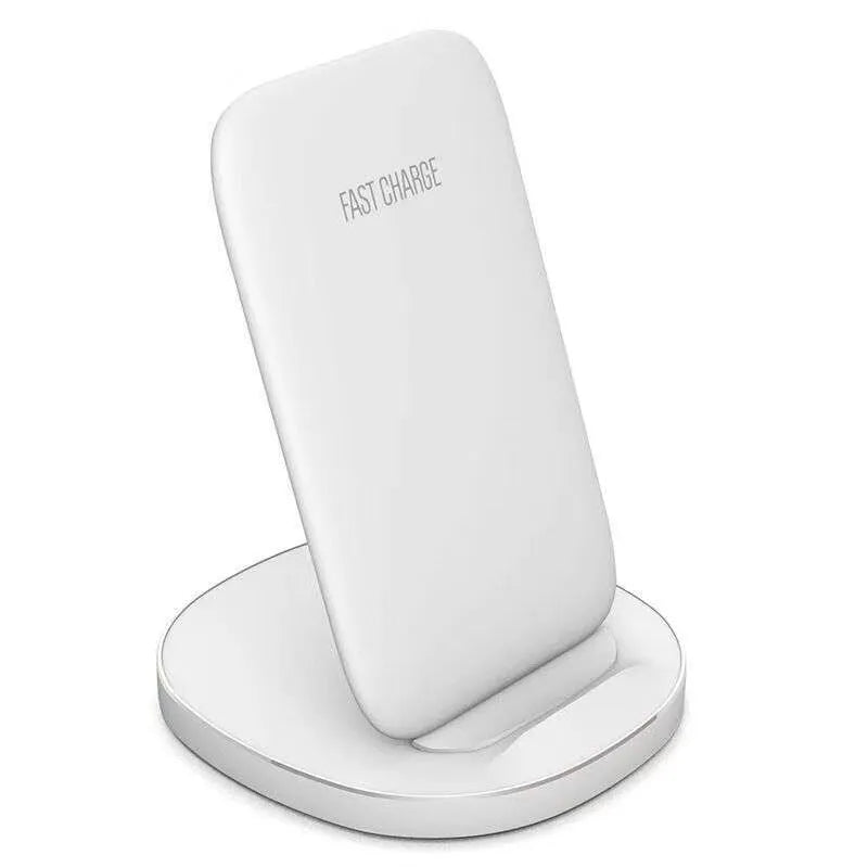 Vertical wireless charger desktop dock in white colour showing phone charging in upright position