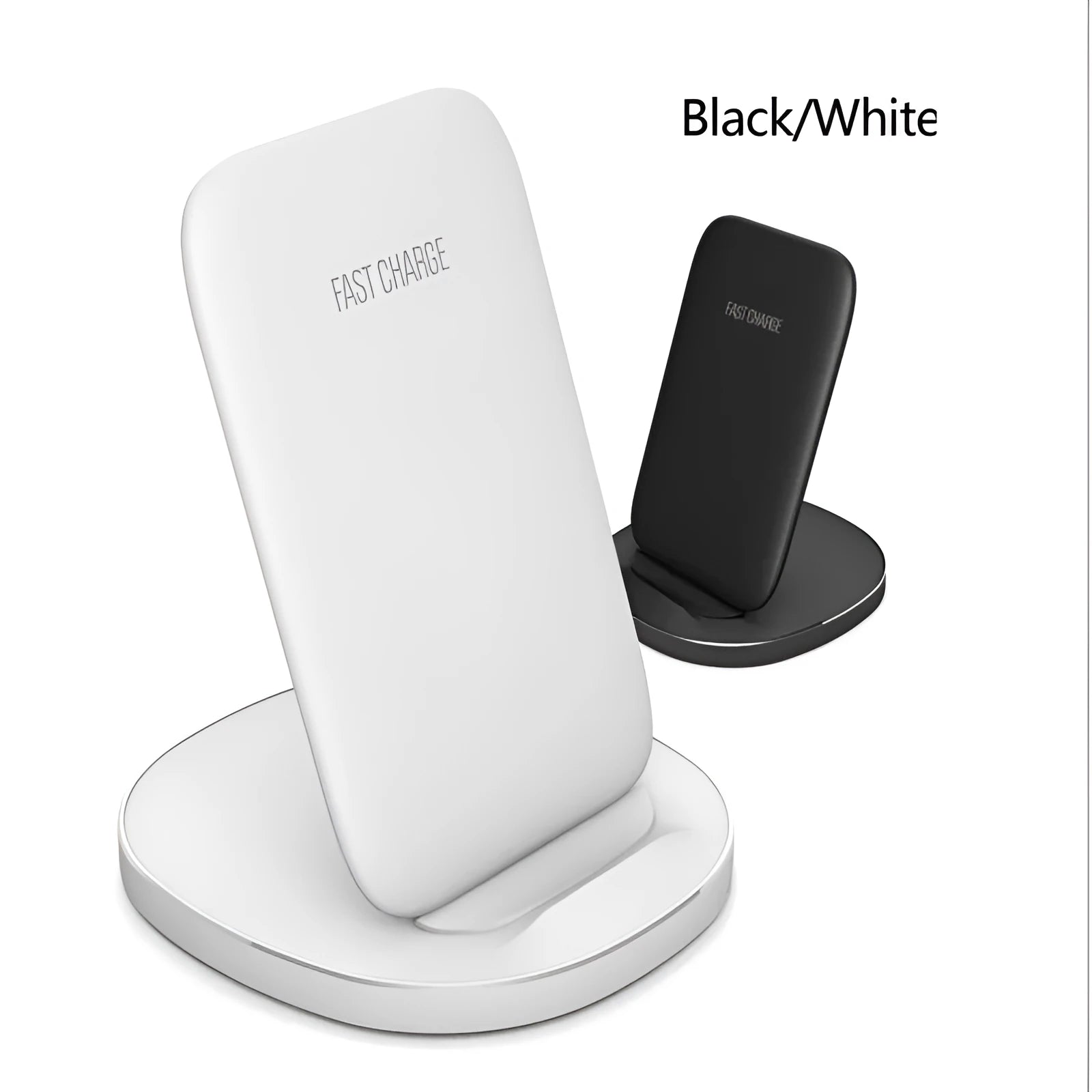 Vertical wireless charger desktop dock in white colour showing phone charging in upright position