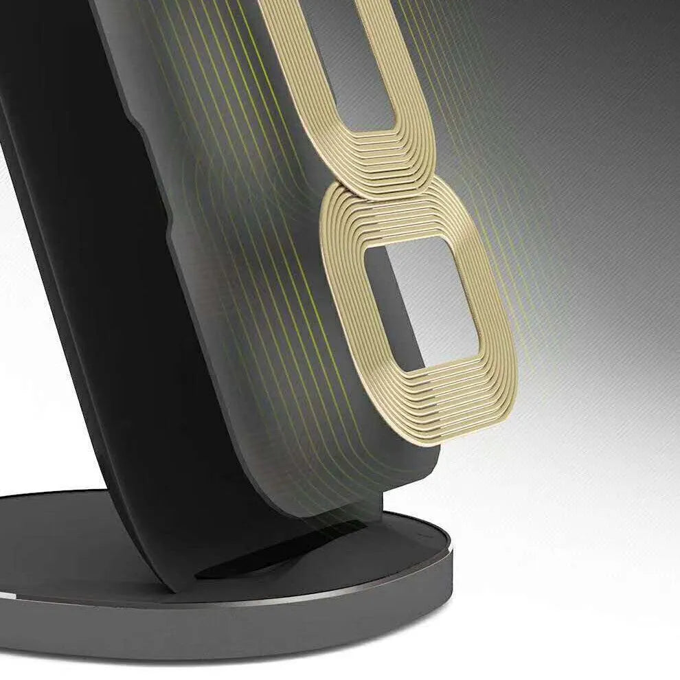 Vertical wireless charger desktop dock in white colour showing phone charging in upright position