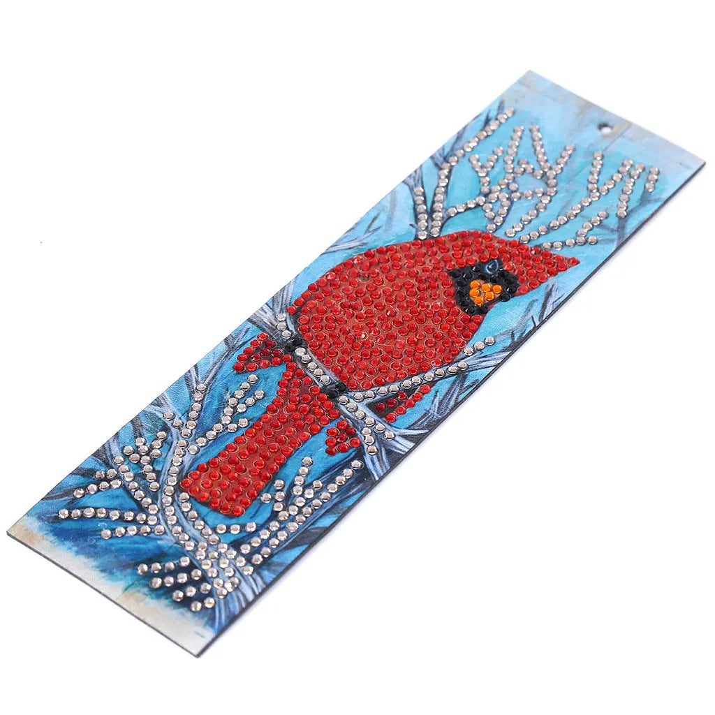 Handmade 5D diamond painting bookmark with red bird design, leather body, pendant, 21cm x 6cm